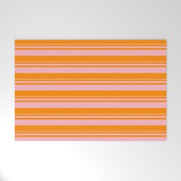 [ Thumbnail: Light Pink & Dark Orange Colored Stripes Pattern Welcome Mat ]