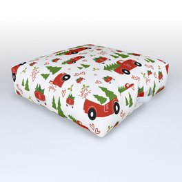 Holly Jolly Farms || Farm Truck Christmas  Outdoor Floor Cushion | Redtruck, Xmas, Pattern, Digital, Christmas, Surfacepattern, Farmtruck, Hollyjolly, Drawing, Holiday 