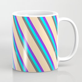 [ Thumbnail: Purple, Cyan, Dim Gray & Tan Colored Lined/Striped Pattern Coffee Mug ]