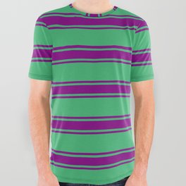 [ Thumbnail: Sea Green and Purple Colored Stripes Pattern All Over Graphic Tee ]