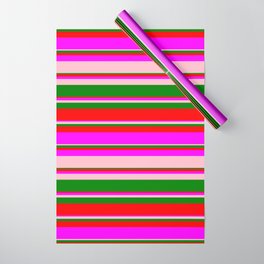 [ Thumbnail: Green, Red, Fuchsia, and Pink Colored Lined/Striped Pattern Wrapping Paper ]