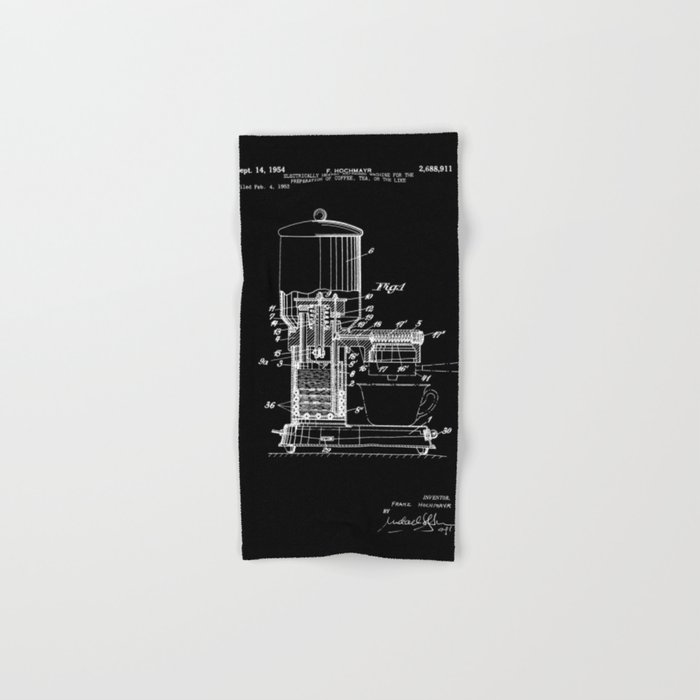 Espresso Machine Patent Artwork - White on Black Hand & Bath Towel