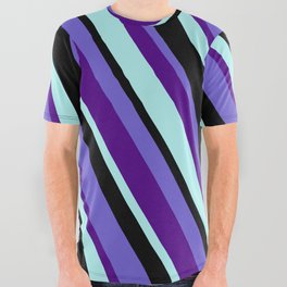 [ Thumbnail: Slate Blue, Indigo, Turquoise & Black Colored Striped Pattern All Over Graphic Tee ]