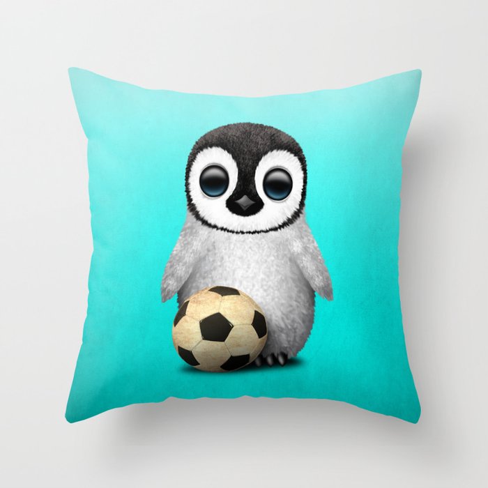Cute Baby Penguin With Football Soccer Ball Throw Pillow By