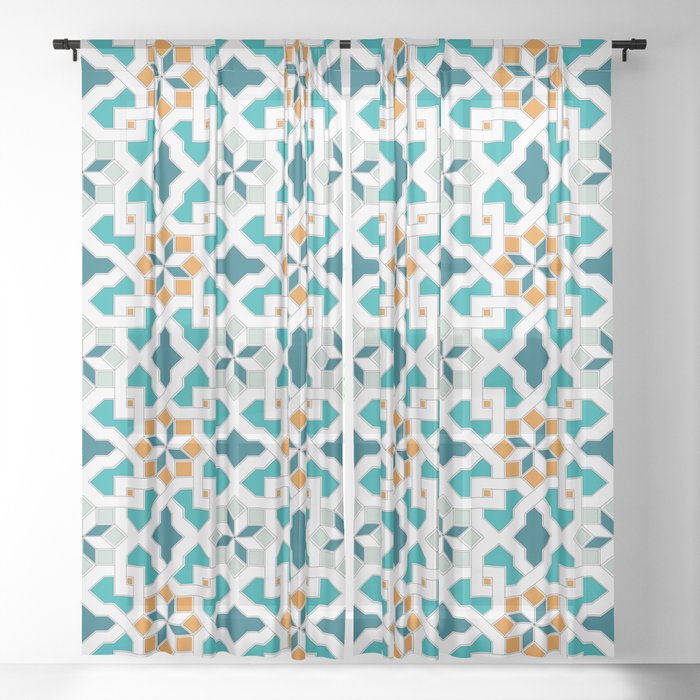 Geometric Pattern Oriental Style Blue Color Set Traditional Morocco Tile Sheer Curtain By Ohaniki