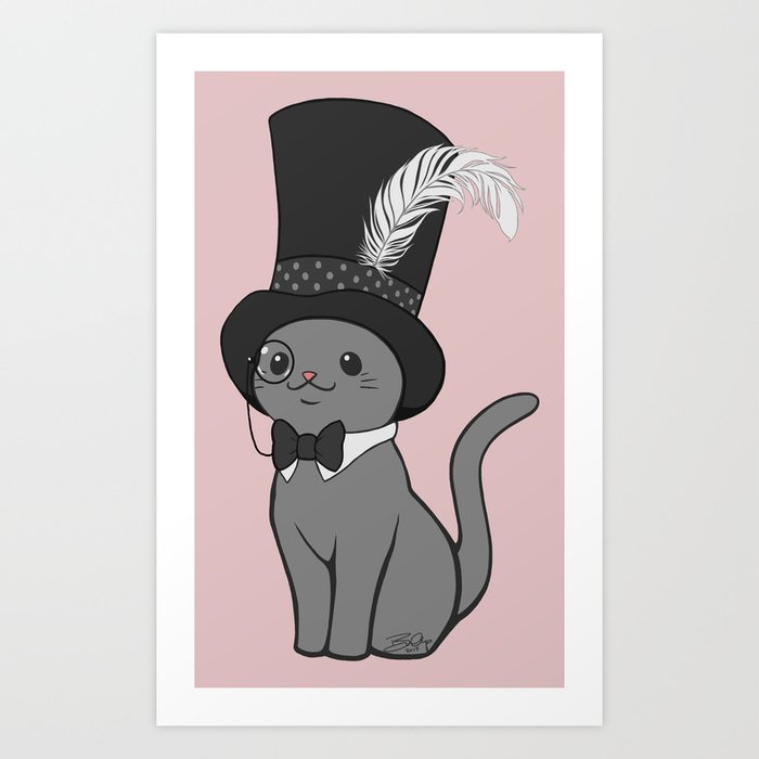 Grey Cat Wears Plumed Top Hat Art Print