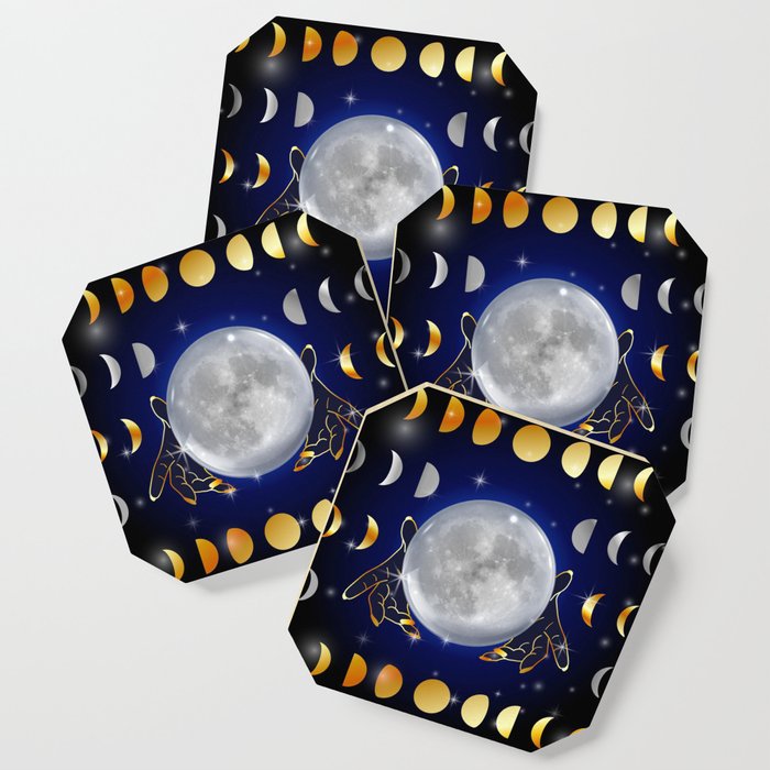 Moon phases magic womans hands on third eye reading crystal ball Coaster