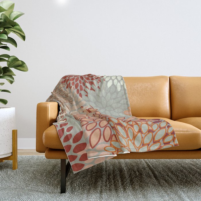 Festive, Floral Prints, Green, Terracotta, Red, Coloured Prints Throw Blanket