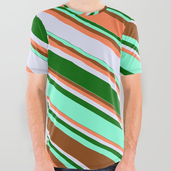 Eyecatching Brown, Coral, Lavender, Dark Green & Aquamarine Colored Lines Pattern All Over Graphic Tee