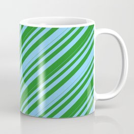 [ Thumbnail: Light Sky Blue and Forest Green Colored Lines/Stripes Pattern Coffee Mug ]