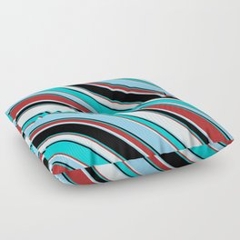 [ Thumbnail: Colorful Black, Dark Turquoise, Red, Light Cyan, and Sky Blue Colored Pattern of Stripes Floor Pillow ]