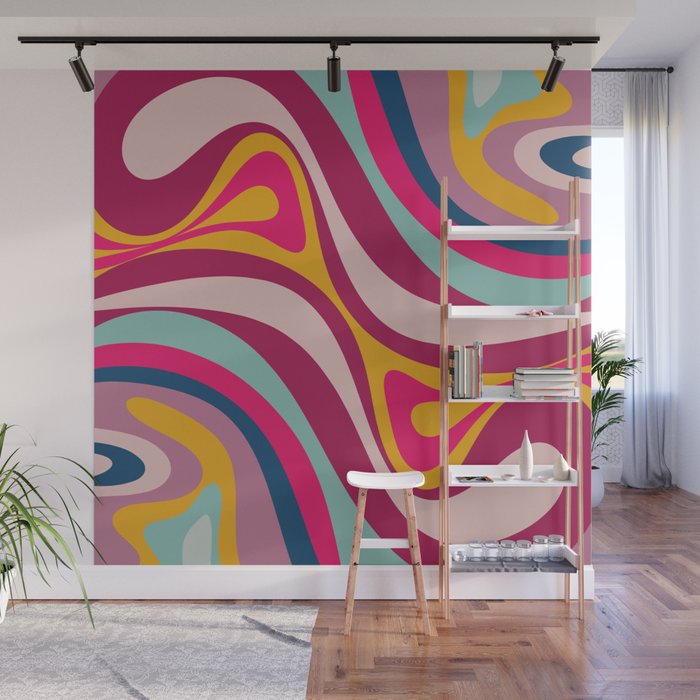 New Groove Colorful Retro Swirl Abstract Pattern Magenta Blue Aqua Pink Mustard Wall Mural