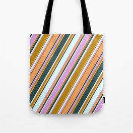 [ Thumbnail: Vibrant Dark Goldenrod, Brown, Dark Slate Gray, Light Cyan, and Plum Colored Lined Pattern Tote Bag ]