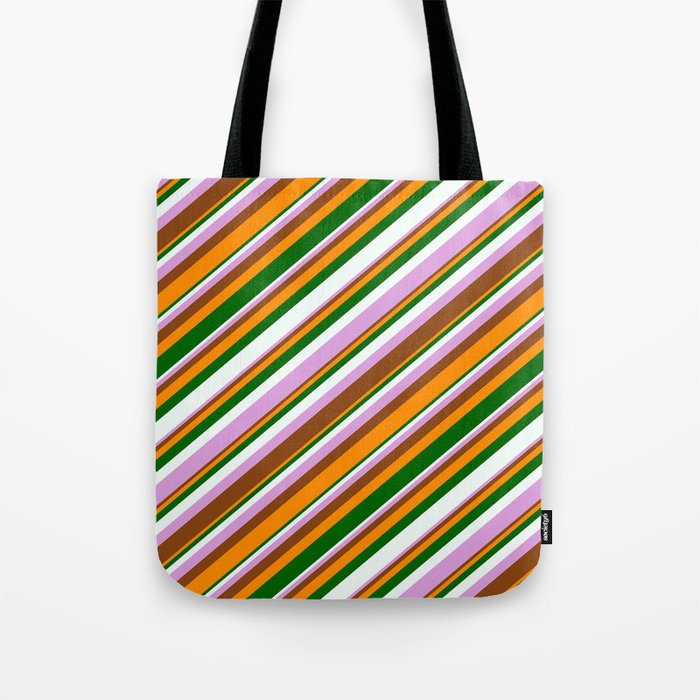 Eyecatching Plum, Brown, Dark Orange, Dark Green & Mint Cream Colored Lined/Striped Pattern Tote Bag