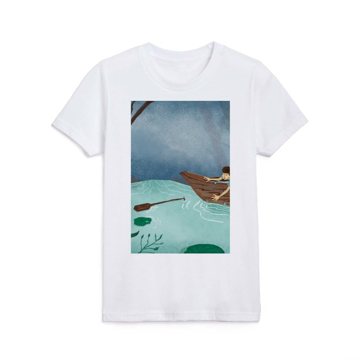 boat on the river ilustration panorama Kids T Shirt