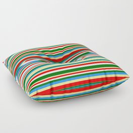 [ Thumbnail: Colorful Blue, Tan, Red, White, and Dark Green Colored Striped/Lined Pattern Floor Pillow ]