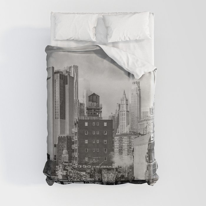 New York City Skyline Black and White Lower Manhattan Duvet Cover