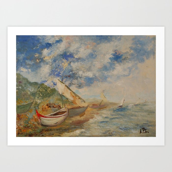 Naples, boats near the sea a print of an original oil on canvas painting of Alfonso Palma  Art Print