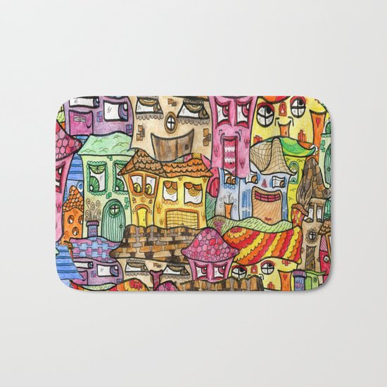 Suburbia watercolor collage Bath Mat