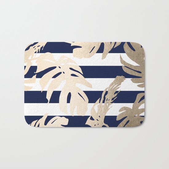 Simply Tropical Palm Leaves on Navy Stripes Bath Mat