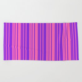 [ Thumbnail: Hot Pink and Purple Colored Striped/Lined Pattern Beach Towel ]