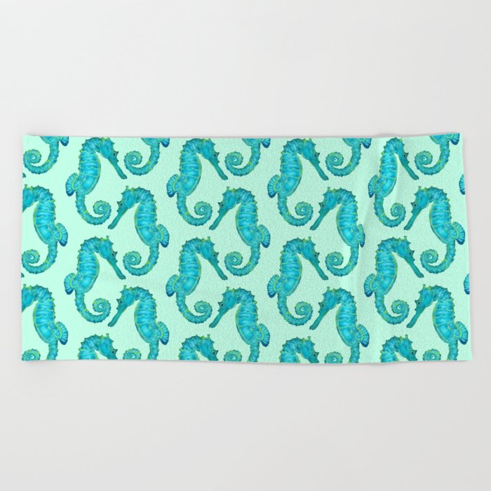 Green Seahorses Beach Towel