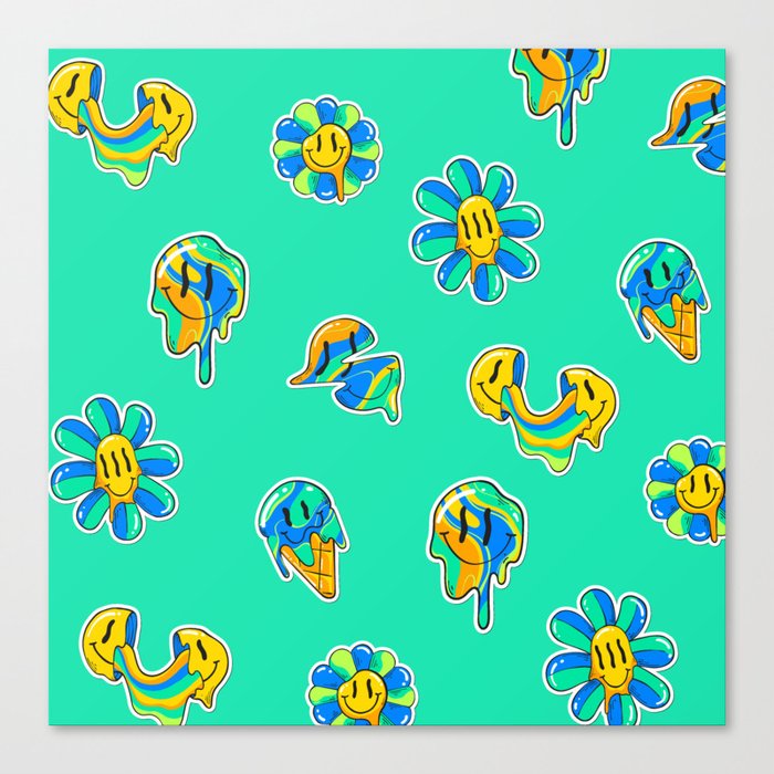 Teal Trippy Smiley Canvas Print