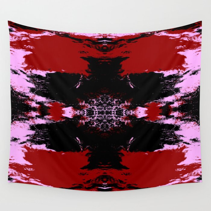 Hisagiku - Pink Red Black Abstract Boho Batik Butterfly Ink Blot Mandala Art Wall Tapestry