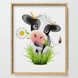 Cute Holstein cow in grass Serving Tray
