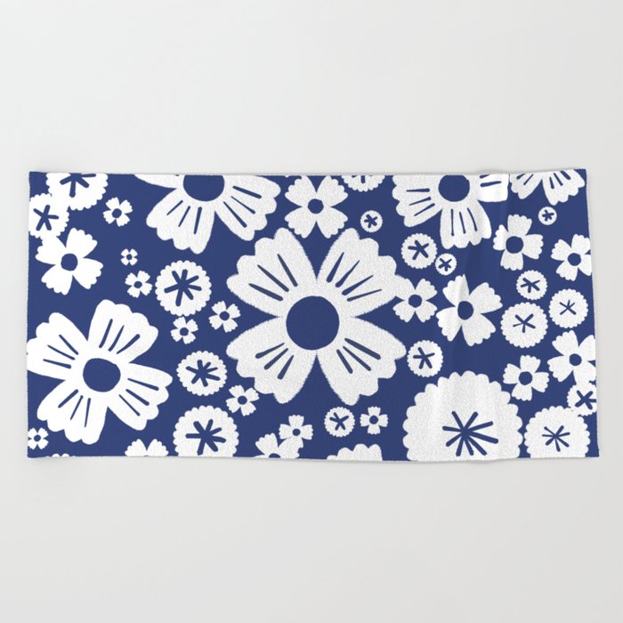 Modern Navy Blue Daisy Flowers Beach Towel