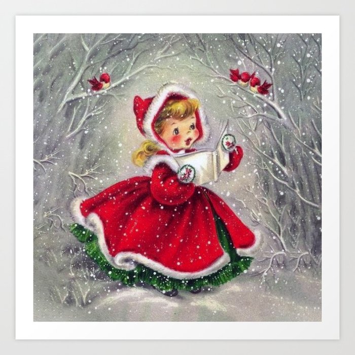 Vintage Christmas Girl Winter Forest Art Print