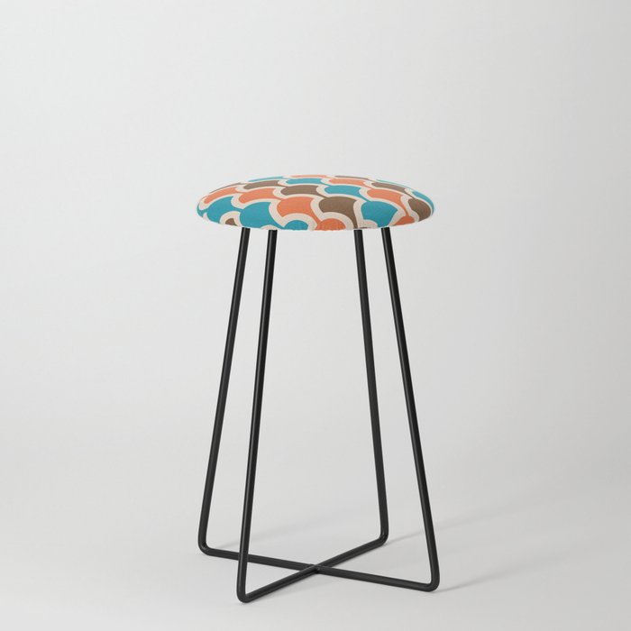 Classic Fan or Scallop Pattern 411 Orange Turquoise and Brown Counter Stool