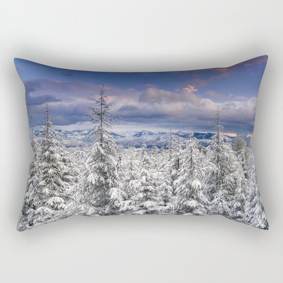 "Mountain Light III" Snowy Forest At Sunset Rectangular Pillow
