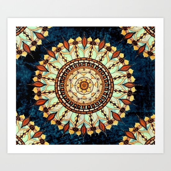 Sketched Mandala Design On A Blue Textured Background Art Print