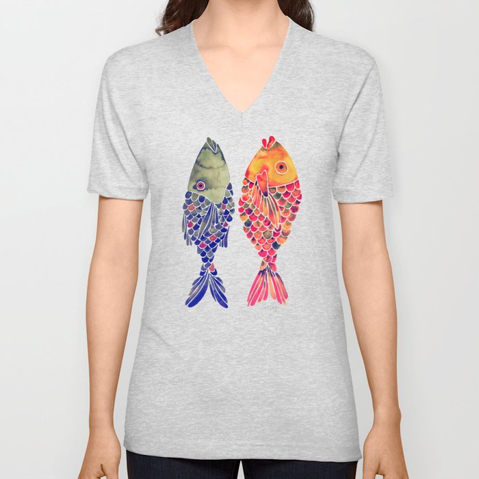 Indonesian Fish Duo – Navy & Coral Palette V Neck T Shirt