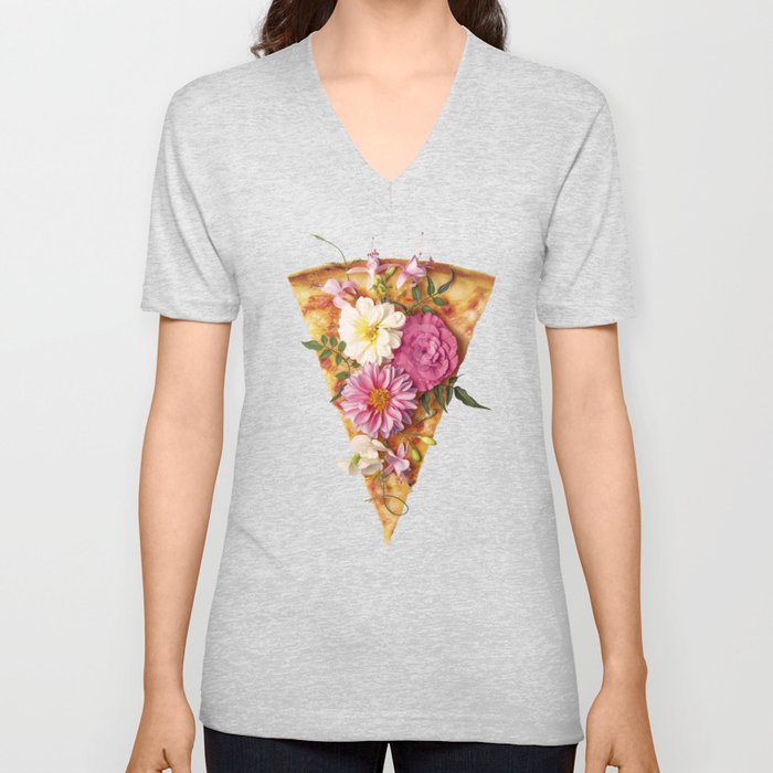 FLORAL PIZZA V Neck T Shirt