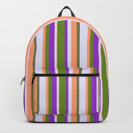 [ Thumbnail: Green, Light Salmon, Lavender & Dark Orchid Colored Stripes Pattern Backpack ]