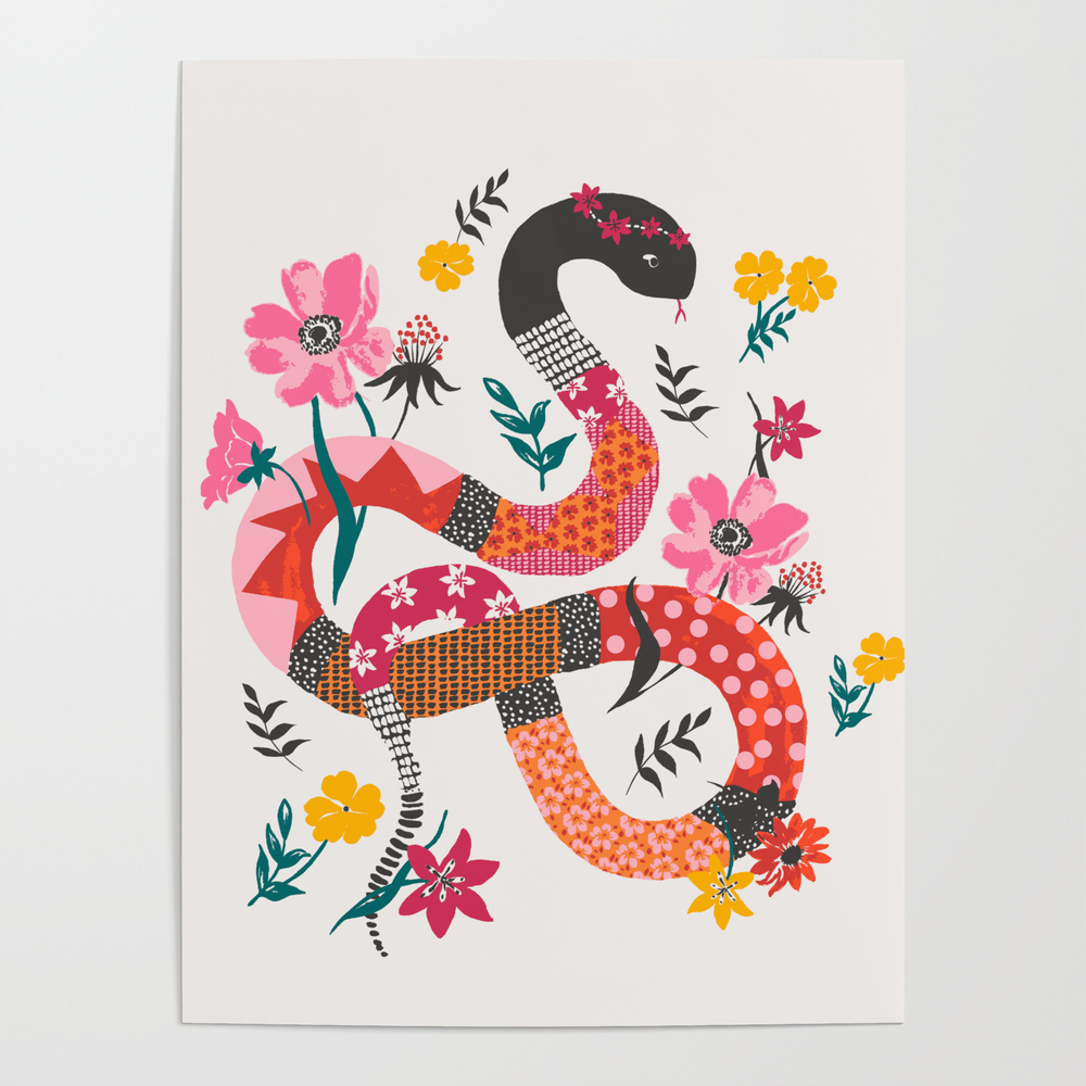 Patchwork Snake With Flowers Poster by minnie_moseley_makes