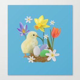 Colorful pattern with easter chicks, easter nests, tulips, daffodils, crocuses, wood anemones Canvas Print