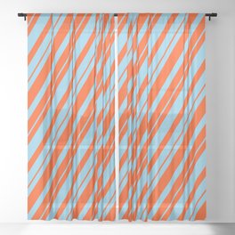 [ Thumbnail: Sky Blue and Red Colored Lined Pattern Sheer Curtain ]