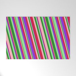 [ Thumbnail: Eye-catching Light Pink, Crimson, Purple, Light Green, and Forest Green Colored Stripes Pattern Welcome Mat ]