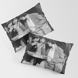 Three girl friends sharing and sipping an aperitif at Paris Cafe portrait black and white photograph - photography - photographs Pillow Sham