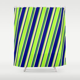 [ Thumbnail: Light Green, Tan, Dark Blue & Sea Green Colored Striped Pattern Shower Curtain ]