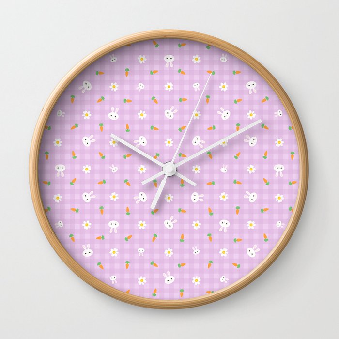 Bunnies, carrots & daisies (Pastel violet Gingham) Wall Clock