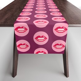 Valentine's retro pixel lips circles burgundy Table Runner