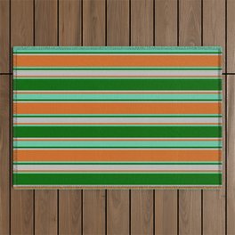 [ Thumbnail: Chocolate, Aquamarine, Dark Green, and Grey Colored Lines Pattern Outdoor Rug ]