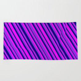 [ Thumbnail: Purple, Blue & Fuchsia Colored Lined Pattern Beach Towel ]