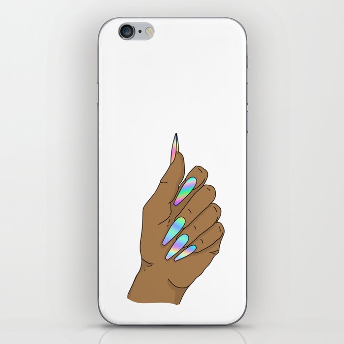 Woman Hand With Long Holographic Nails iPhone Skin