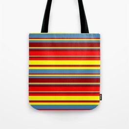 [ Thumbnail: Red, Yellow, Blue & Dark Red Colored Stripes/Lines Pattern Tote Bag ]