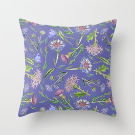 Cornflower, Thistle and Veri Peri Meadow floral pattern   Throw Pillow